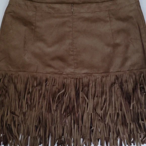 Wrangler Womens Brown Faux Suede Fringe Mini Skirt Sz L Western Cowgirl Country - Picture 2 of 6